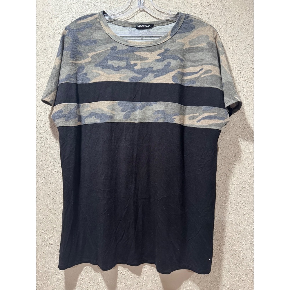 Heimish USA Womens Camo Colorblock Short Sleeve Top Black Green Camouflage L